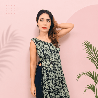 Elegant Black & White Floral Printed Nyra Cut Kurta for Women