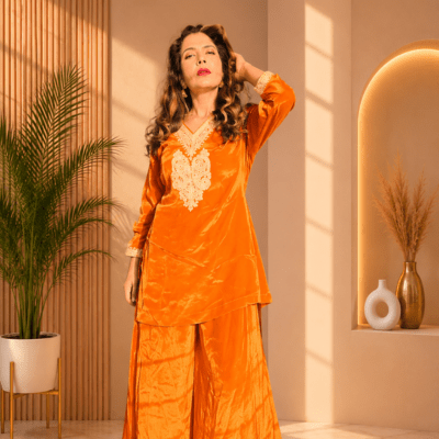 Elegant Mustard Orange Embroidered Premium Crape Co-Ord Set for Women