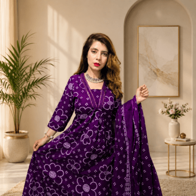 Elegant Royal Purple Bandhani Inspired Floral Printed 3-Piece Kurta Set for Women