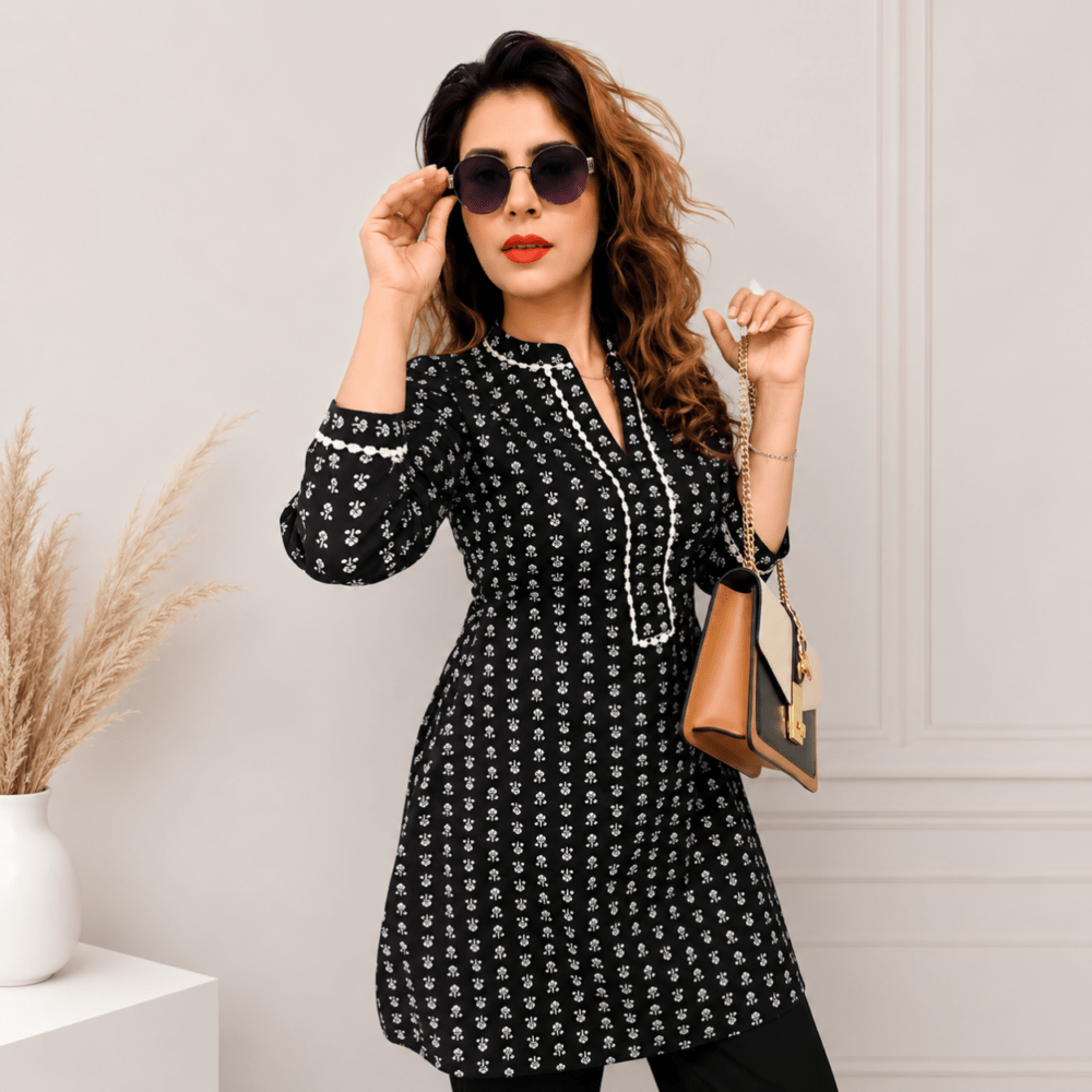 Elegant Black Floral Printed Cotton Kurta for Women