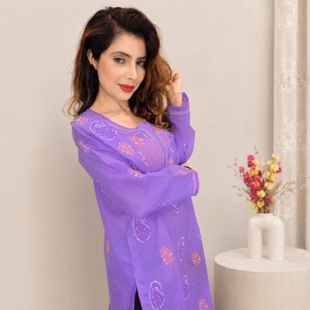 Elegant Purple Lucknowi Chikankari Embroidered Cotton Kurta for Women