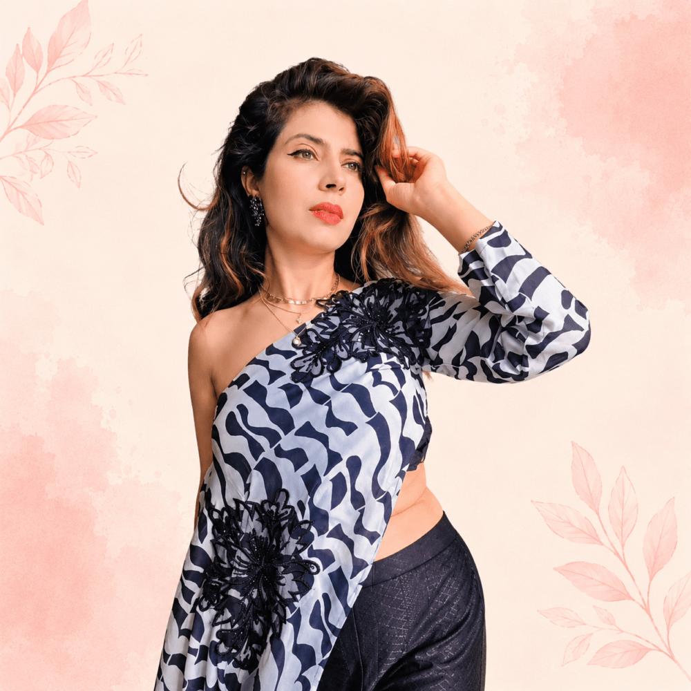 Indo-Western 3-Piece Co-Ord Set – One-Shoulder Abstract Print Cape with Padded Blouse and Shimmer Trousers