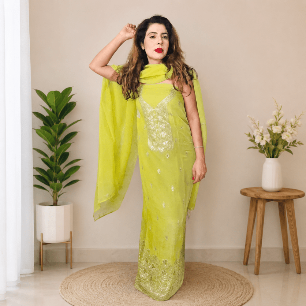 Women Lime Green Embroidered Unstitched Dupatta Suit