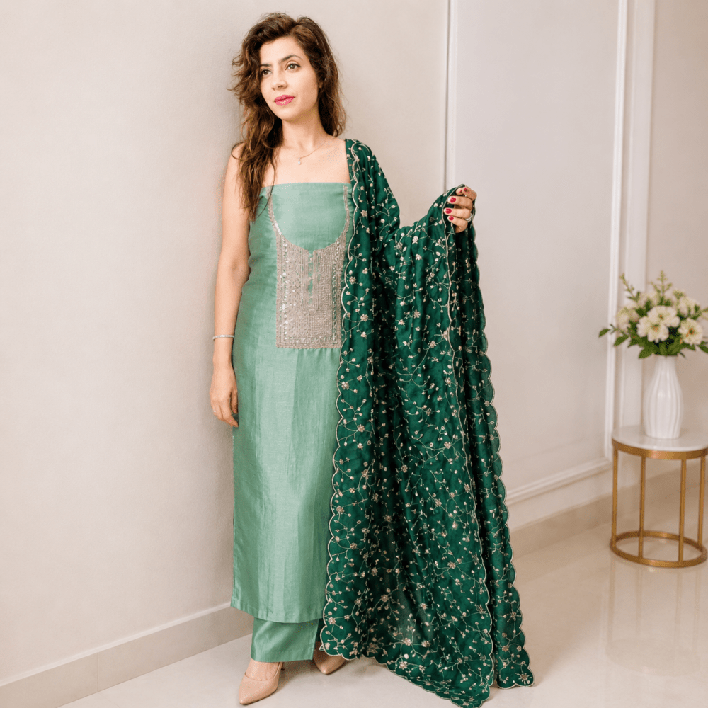 Women Mint Green & Deep Green Chanderi Silk Unstitched Dress Material with Embellished Dupatta