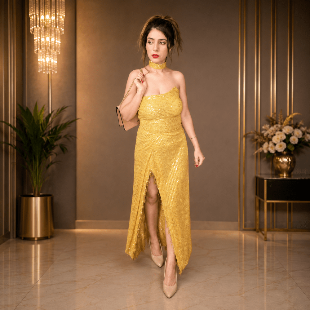 Women Yellow Sequin Embellished Strapless Maxi Dress with Thigh-High Slit