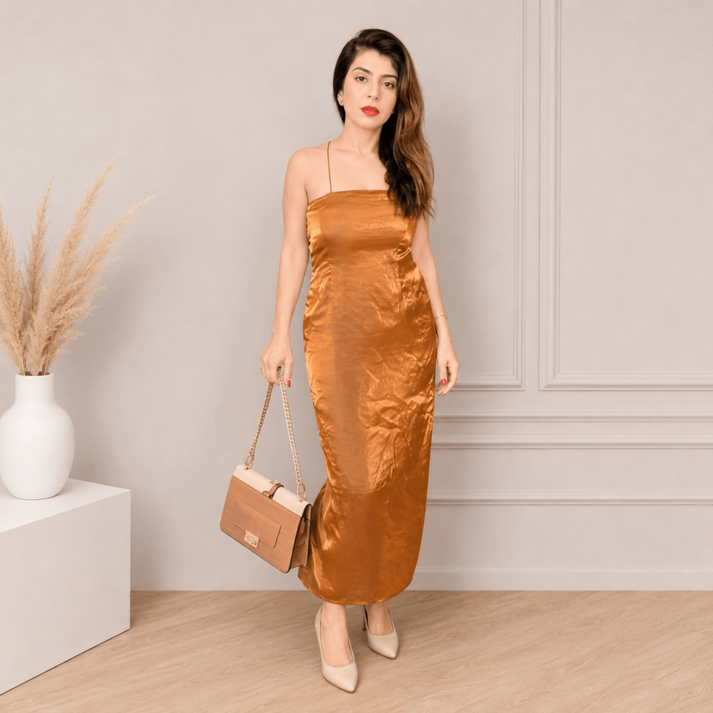 Metallic Copper-Toned Spaghetti Strap Maxi Dress