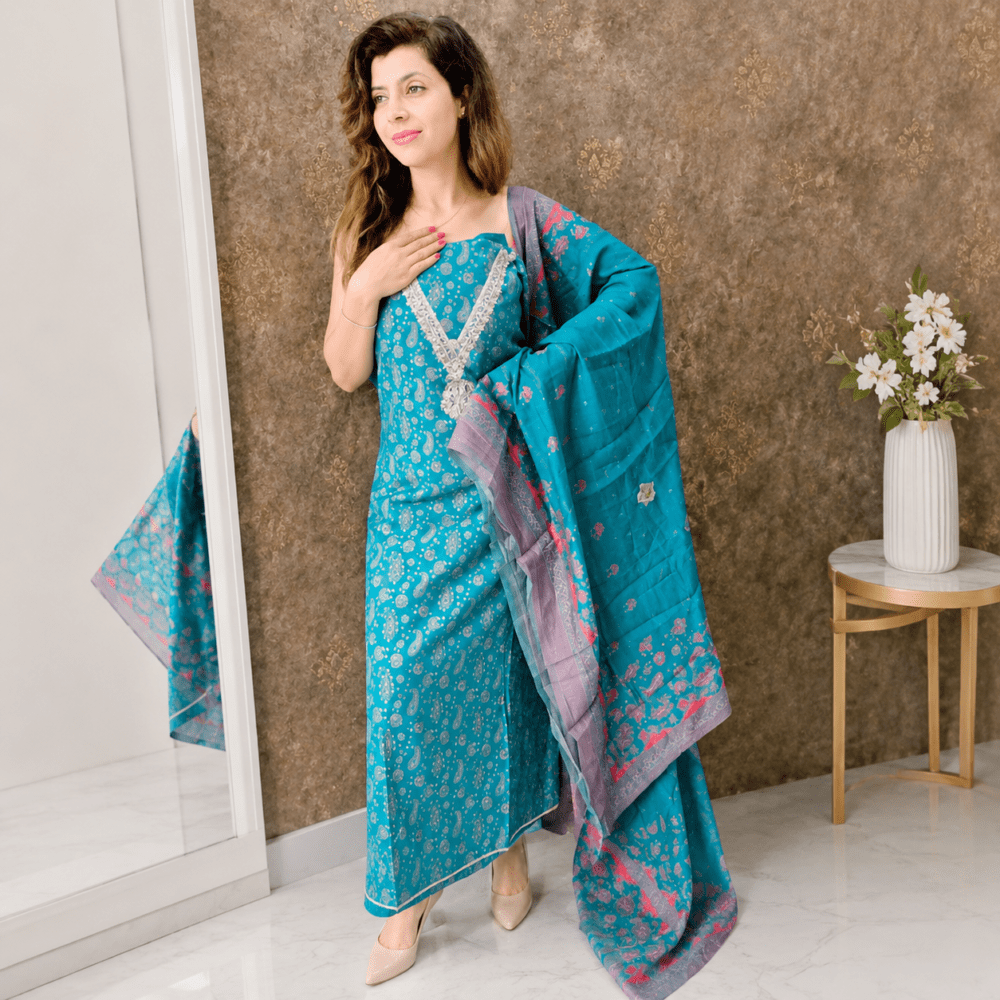EthnicVibesWomen Teal Green & Grey Paisley Printed Unstitched Dress Material with Embellished Neckline & Dupatta