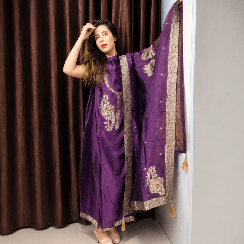 EthnicPlus Elegant Purple Silk Blend Zari Embroidered Unstitched Kurta & Bottom Material with Banarasi Dupatta Set